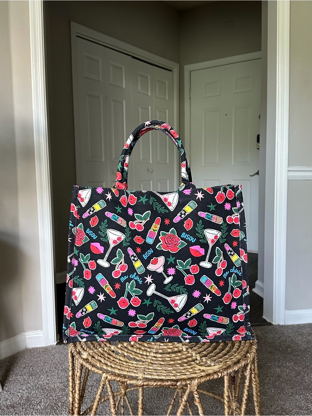 Printed Black Tote Bag Pink & Red Y2K Cherry Girly 100% Cotton Canvas Shopper